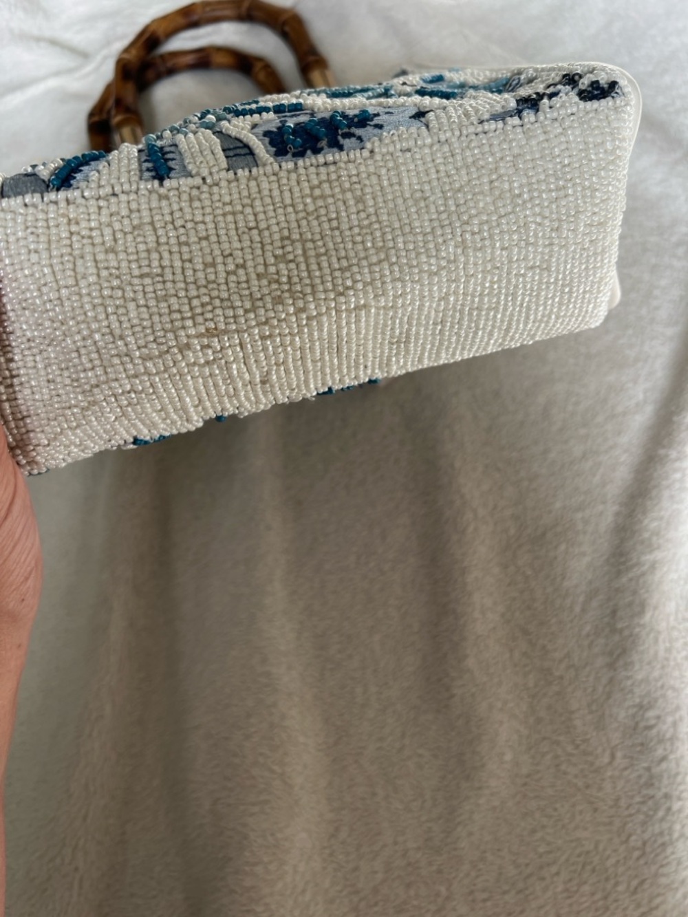 Embroidered Beaded Top-Handle Tote in Ivory and Blue - Picture 4 of 9